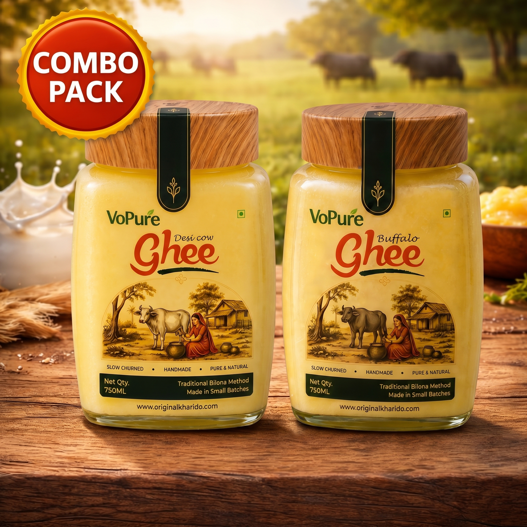 VoPure Cow 750ml + Buffalo Desi Ghee 750ml combo pack